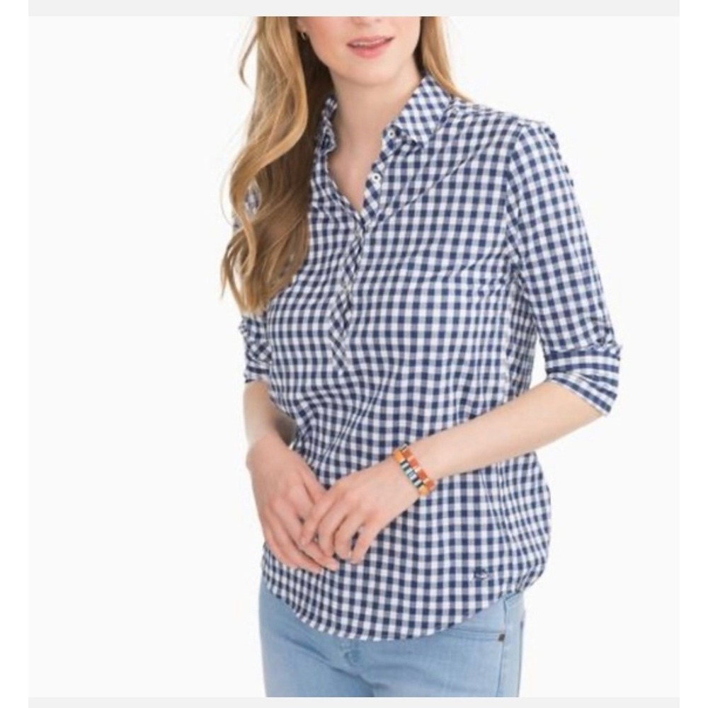 Southern Tide Intercoastal Hadley Popover Shirt Gingham Blue & White UV Top M